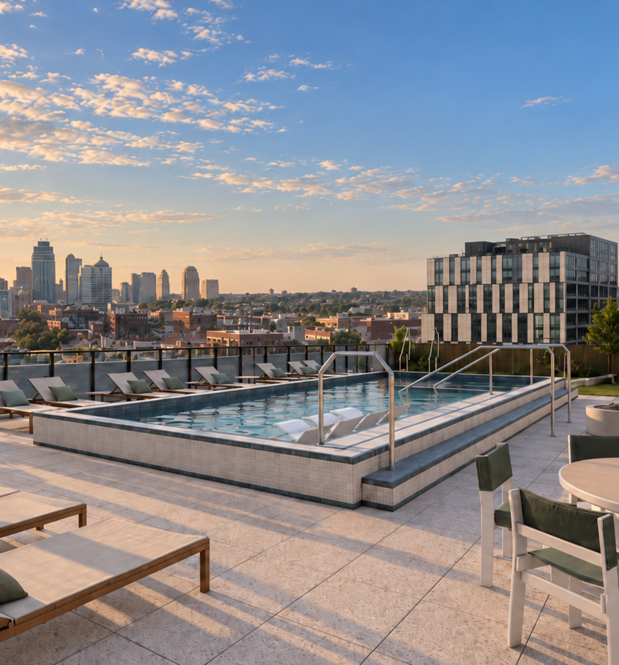 Rooftop pool with lounge chairs, city skyline in the background, and a bright, partly cloudy sky.