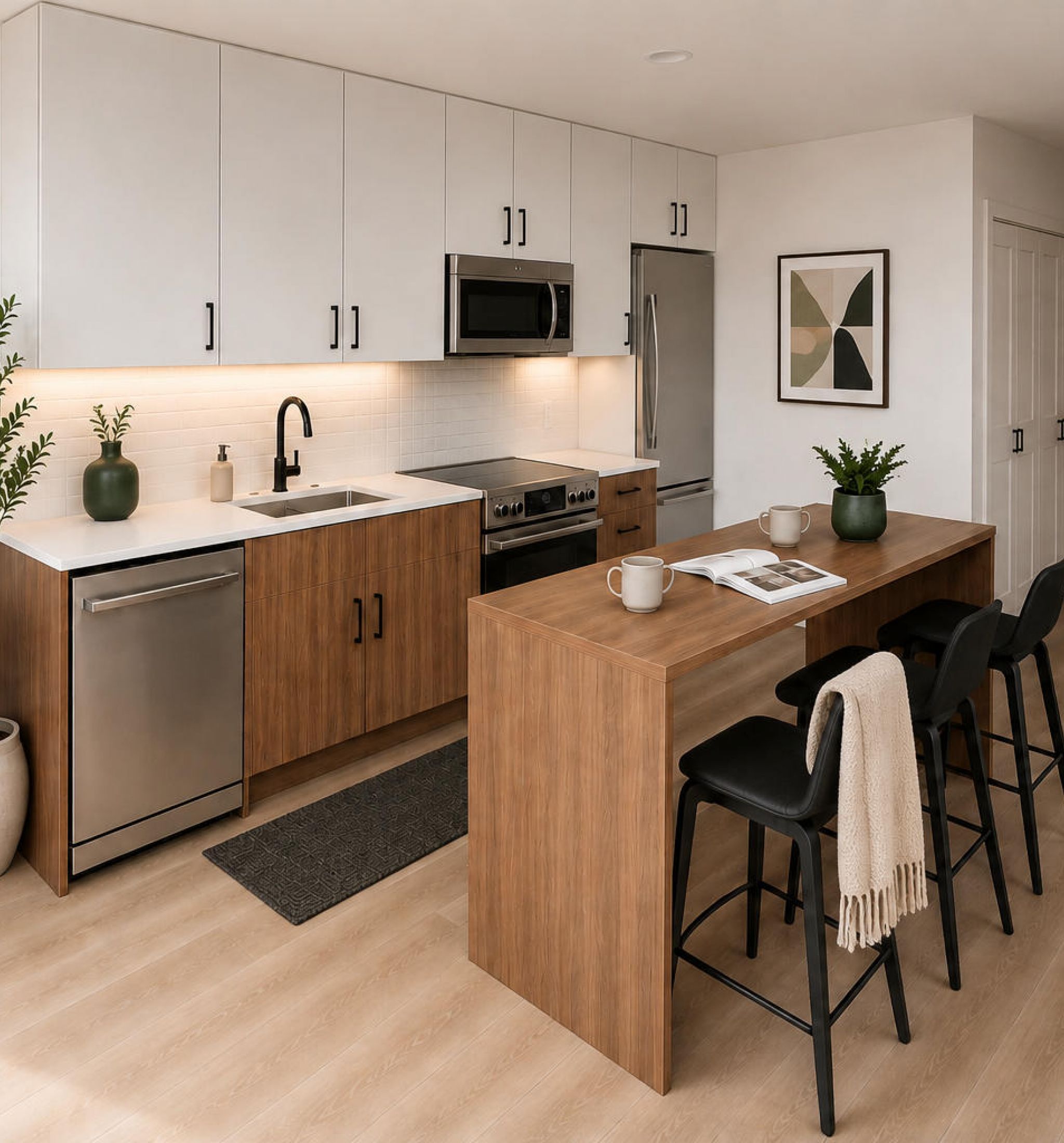 Modern kitchen with wood and white cabinets, island seating, stainless appliances, and plants on counters.
